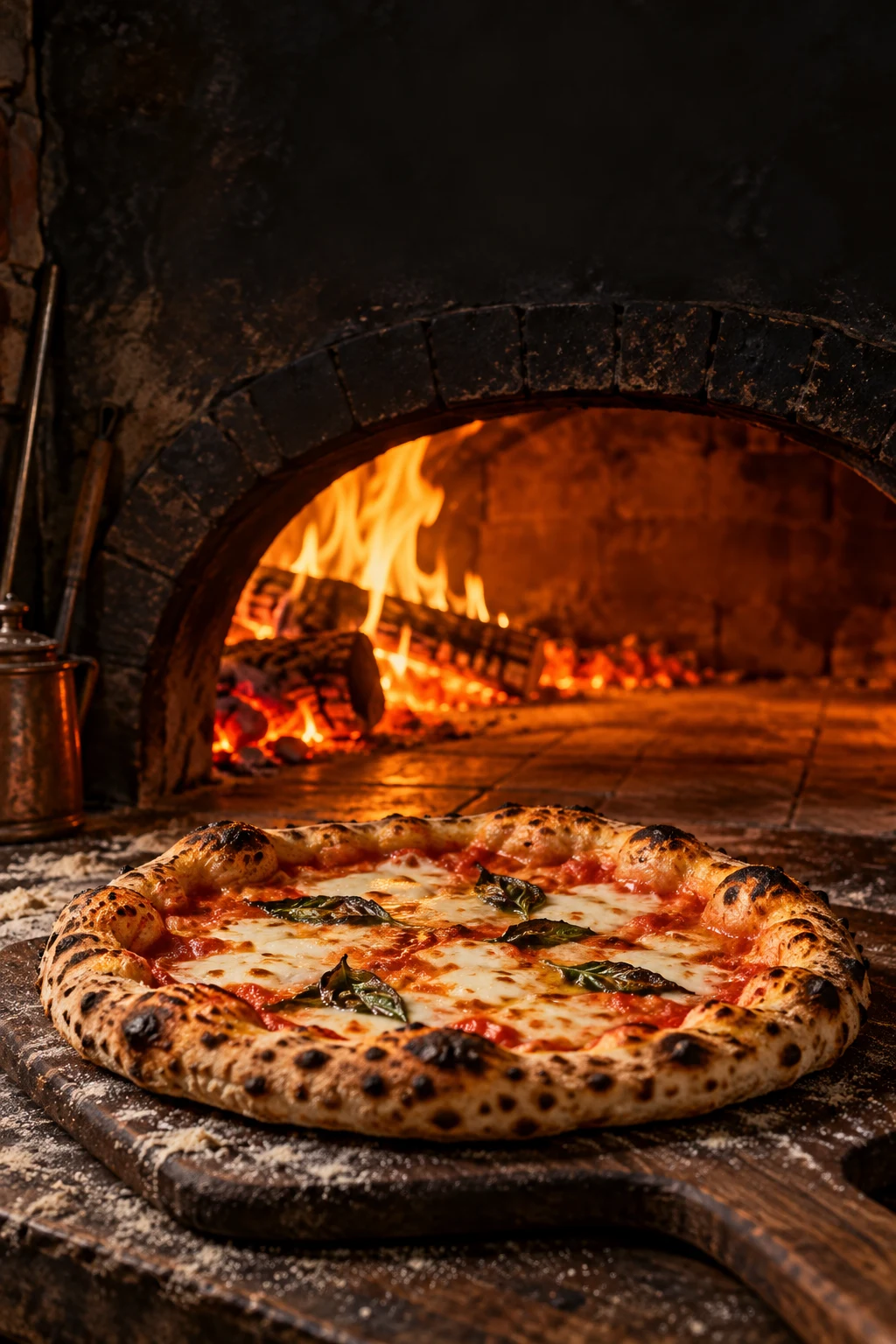 Pizza mit knusprigem Rand vor dem glühenden Holzofen